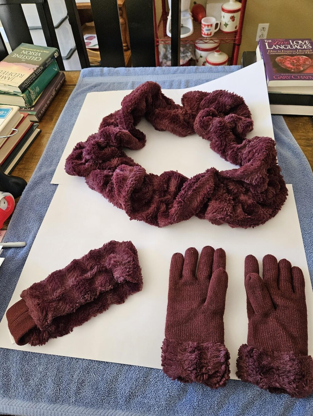 Women's Burgundy Faux-Fur Winter Scarf, Headband & Gloves Set Made By Avon